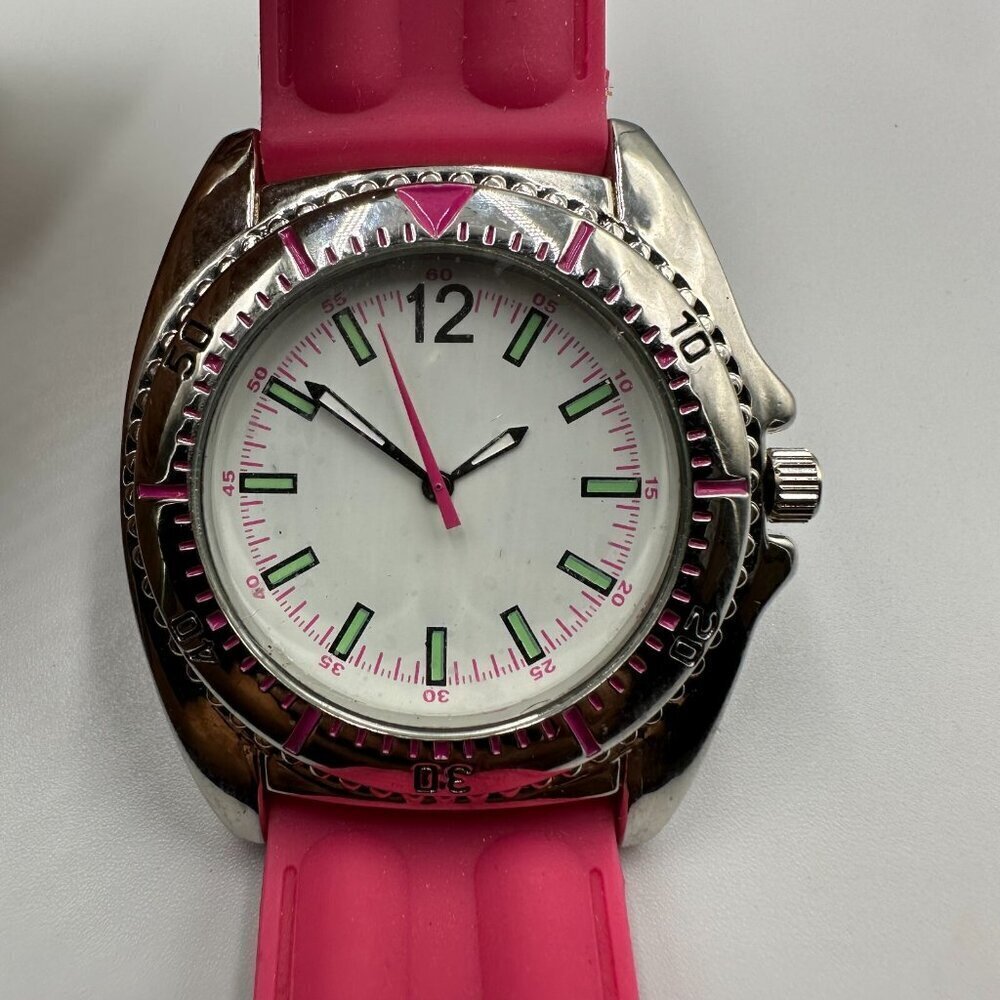 3/$30 Pink Watch Women Silicone Band Silver Tone Case White Dial Sporty